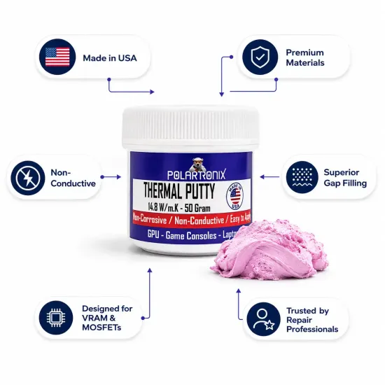 Thermal Putty 14.8 W/m·K Non-Conductive High-Performance Gap Filler (50g) за Laptop GPU / PS5 Xbox Series X/S / VRAM MOSFETs Coils (PolarTronix)