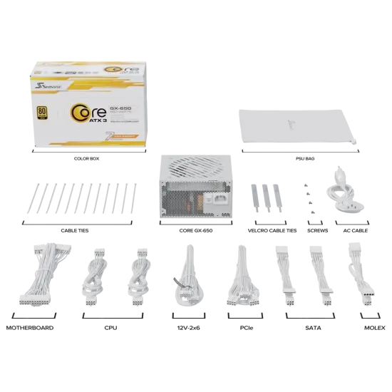 Захранващ блок Seasonic CORE GX White 650W 80+ Gold, Fully Modular, ATX 3.1, PCIe 5.1 Захранващ блок Seasonic CORE GX White 650W 80+ Gold, Fully Modular, ATX 3.1, PCIe 5.1