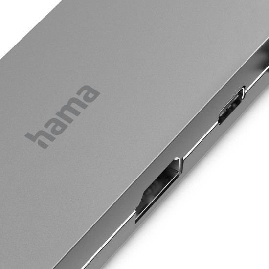 5-портов хъб USB-C HAMA Multiport, 2 x USB-A, 1 x USB-C, 1 x HDMI, 1х LAN, Сив