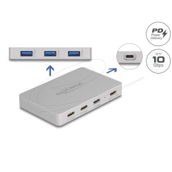 Delock Хъб USB-C, 7 порта, 3x USB-A 5 Gbps,  3x USB-C, 1xUSB-C PD 85 W
