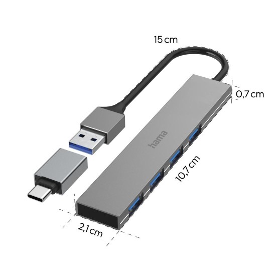 HAMA USB хъб, 4 порта, USB 3.2 Gen 1, 5 Gbit/s, ултратънък, вкл. USB-C адаптер