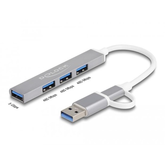 USB хъб Delock, USB-C / USB-A - 3 x USB-A 2.0 + 1 x USB-A 5 Gbps