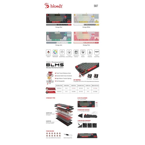 А4tech Геймърска механична  клавиатура Bloody Energy Pink S87 BLMS TKL RGB Backlit red switch , USB