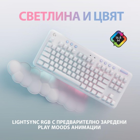 Безжична геймърска механична клавиатура Logitech G G715, TKL, Tactile, RGB LED, US Layout, бяла