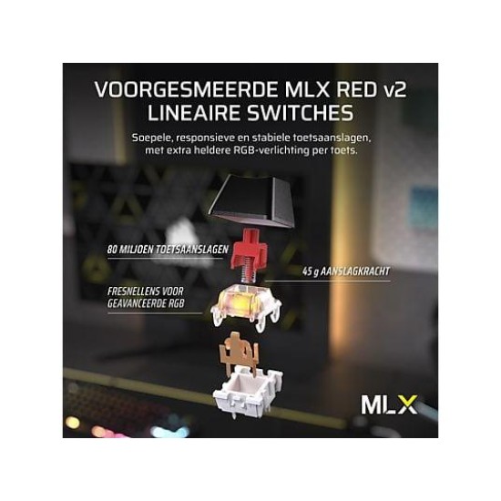 Геймърскa безжична/блутут механична клавиатура Corsair K70 CORE TKL RGB, Corsair MLX Red суич
