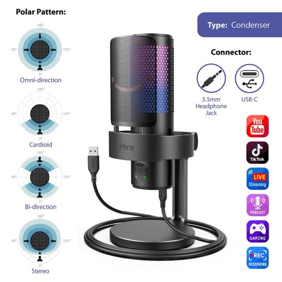 Настолен микрофон FIFINE A9 RGB 4 Polar Patterns- Black Настолен микрофон FIFINE A9 RGB 4 Polar Patterns- Black