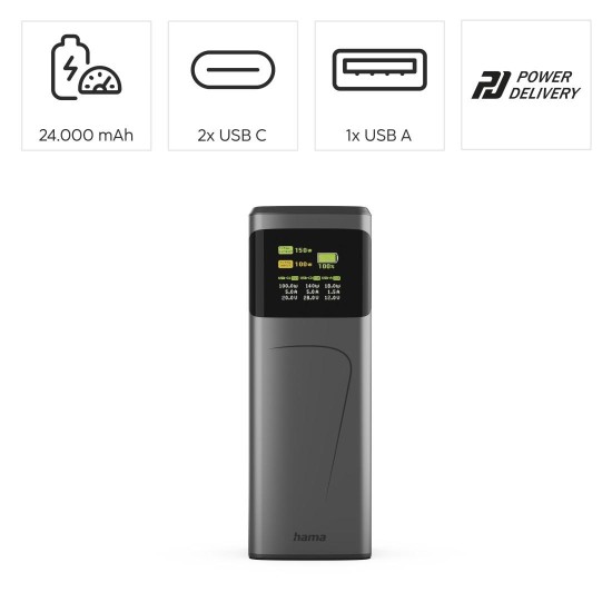 HAMA Външна батерия “High Power”, 150 W, 24000 mAh, 2x USB-C, USB-A, бързо зареждане HAMA Външна батерия “High Power”, 150 W, 24000 mAh, 2x USB-C, USB-A, бързо зареждане