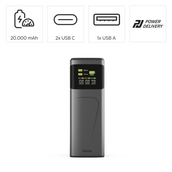 HAMA Външна батерия “High Power”, 65 W, 20000 mAh, 2x USB-C, USB-A, Fast Charging HAMA Външна батерия “High Power”, 65 W, 20000 mAh, 2x USB-C, USB-A, Fast Charging