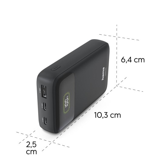 HAMA Външна батерия "PD10-W20", 10000 mAh, 3 изхода: 2 x USB-C, USB-A, Бързо зареждане