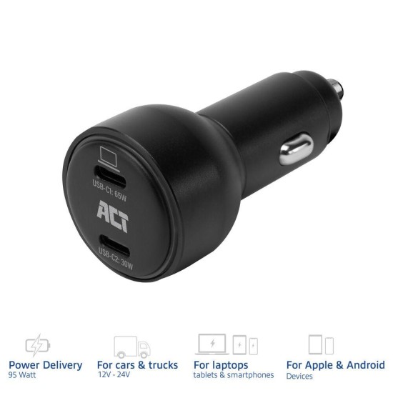 ACT Бързо зарядно за кола 95W 2x USB-C, PD, GAN, 12-24V