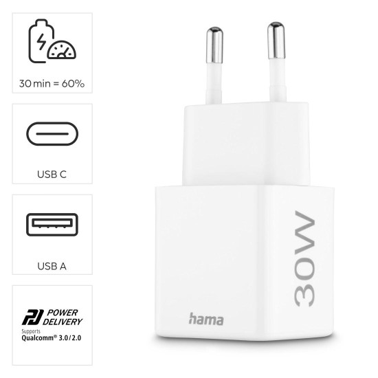 HAMA Бързо мини зарядно, 30 W, 1x USB-C, 1x USB-A, PD, бял HAMA Бързо мини зарядно, 30 W, 1x USB-C, 1x USB-A, PD, бял