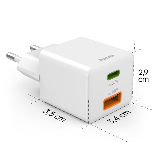 HAMA Бързо мини зарядно, 30 W, 1x USB-C, 1x USB-A, PD, бял HAMA Бързо мини зарядно, 30 W, 1x USB-C, 1x USB-A, PD, бял