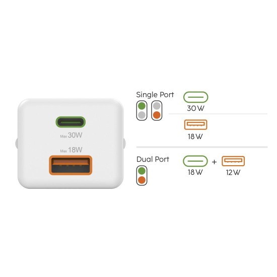 HAMA Бързо мини зарядно, 30 W, 1x USB-C, 1x USB-A, PD, бял HAMA Бързо мини зарядно, 30 W, 1x USB-C, 1x USB-A, PD, бял