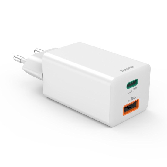 HAMA Бързо мини зарядно, 45 W, 1x USB-C - 1x USB-A, PD, бяло HAMA Бързо мини зарядно, 45 W, 1x USB-C - 1x USB-A, PD, бяло