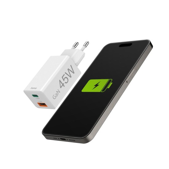 HAMA Бързо мини зарядно, 45 W, 1x USB-C - 1x USB-A, PD, бяло HAMA Бързо мини зарядно, 45 W, 1x USB-C - 1x USB-A, PD, бяло