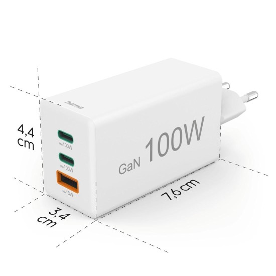 HAMA Бързо зарядно 220V, 100 W GaN, 2x USB-C PD, 1x USB-A QC HAMA Бързо зарядно 220V, 100 W GaN, 2x USB-C PD, 1x USB-A QC