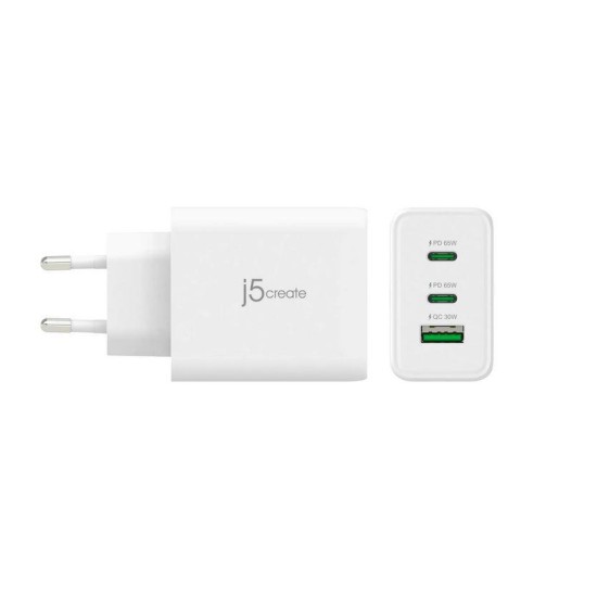 Мрежово зарядно 220V  j5create JUP3365E 65W, 3 порта, USB-C, USB-A