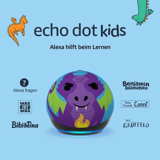 Преносима смарт тонколона Amazon Echo Dot Kids, Гласов асистент, Alexa, Дракон