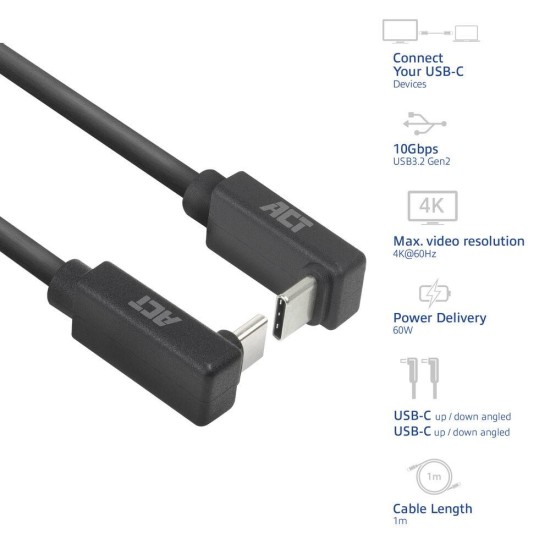 ACT Кабел USB-C 10Gbps, 60W, 1м, конектори на 90° up/down angled ACT Кабел USB-C 10Gbps, 60W, 1м, конектори на 90° up/down angled