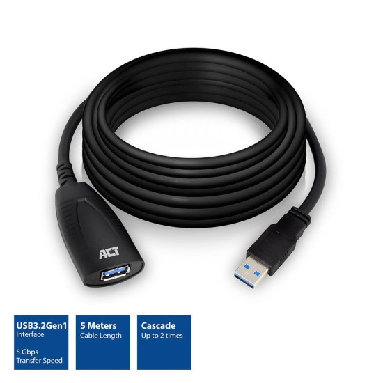 ACT USB 3.2 Gen 1 Удължителен активен кабел USB-A-USB-A, 5м/ вкл. до 4хAC6005USB/