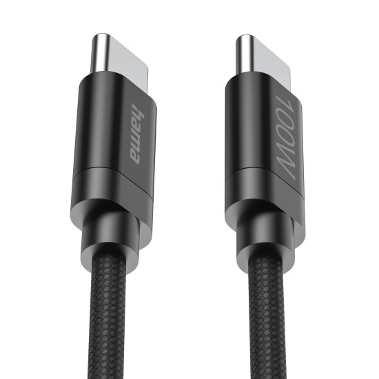 Hama Кабел за зареждане, "Fabric", USB-C - USB-C, 100 W, 3 m, Nylon, black