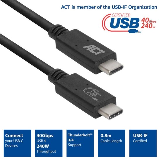 Кабел ACT USB-C - USB-C, 0.8 м / USB4, 40Gbps, 240W, сертифициран USB-IF Кабел ACT USB-C - USB-C, 0.8 м / USB4, 40Gbps, 240W, сертифициран USB-IF