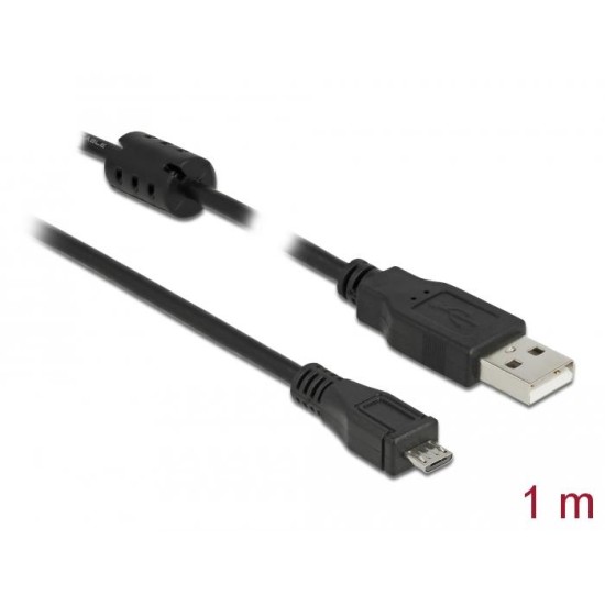 Кабел DeLock, USB-A мъжко - MicroUSB-B мъжко, USB 2.0, 1 м, Черен