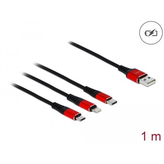 Кабел за зареждане Delock  3 в 1, USB - Lightning/ Micro USB/ USB-C, 1м, Черен/Червен