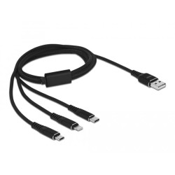 Кабел за зареждане Delock  3 в 1, USB - Lightning Micro USB- USB-C, 1м, Черен