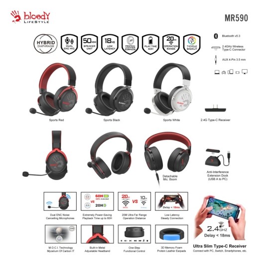 A4tech Bloody МR-590 Геймърски безжични слушалки с микрофон,Bluetooth 3.5мм жак, бял