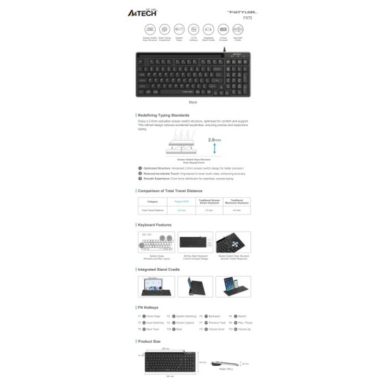 A4tech Fstyler FX70 Жична клавиатура, ниско профилна, ножична технология, кирилизирана, черна