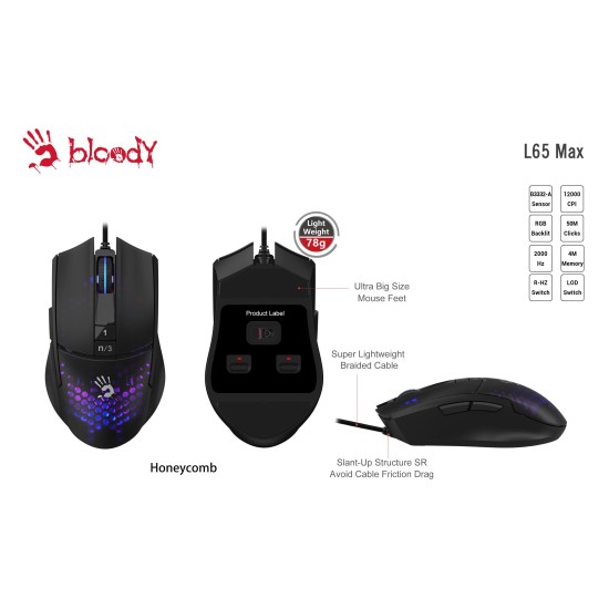 Геймърска мишка A4tech bloody L65 Max, Жична, 12000 cpi, Honeycomb,Черна Геймърска мишка A4tech bloody L65 Max, Жична, 12000 cpi, Honeycomb,Черна