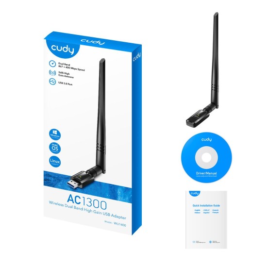 Безжичен адаптер Cudy WU1400, USB 3.0, 2.4/5 Ghz, Външна антена