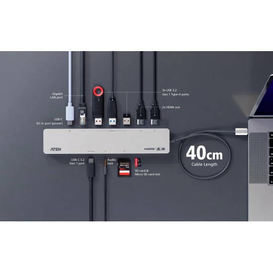 ATEN Докинг 11-in-1 USB-C Multiport Dock + Power Pass-Through, 2 x HDMI, LAN,3.5mm, USB-C, SD Card , microSD, 3 x USB 3.2 ATEN Докинг 11-in-1 USB-C Multiport Dock + Power Pass-Through, 2 x HDMI, LAN,3.5mm, USB-C, SD Card , microSD, 3 x USB 3.2