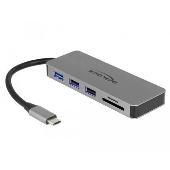 Докинг станция Delock, USB-A, USB-C, HDMI, SD, Micro SD, PD, 4K, Подсветка, Сива