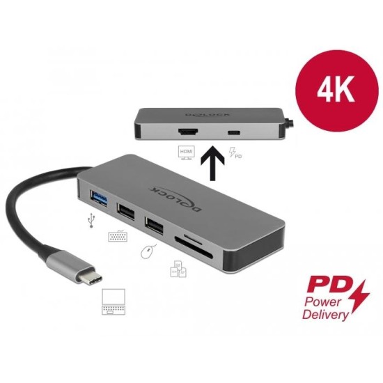 Докинг станция Delock, USB-A, USB-C, HDMI, SD, Micro SD, PD, 4K, Подсветка, Сива