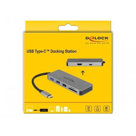 Докинг станция Delock, USB-A, USB-C, HDMI, SD, Micro SD, PD, 4K, Подсветка, Сива