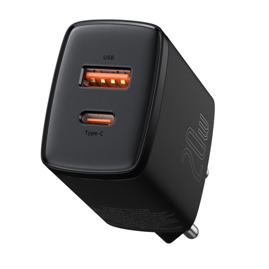 Зарядно BASEUS 220V 20W, USB-A, USB-C, 3A, Compact  - черен