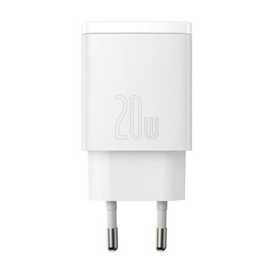 Зарядно BASEUS 220V 20W, USB-A, USB-C, 3A, Compact - бял