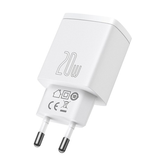 Зарядно BASEUS 220V 20W, USB-A, USB-C, 3A, Compact - бял